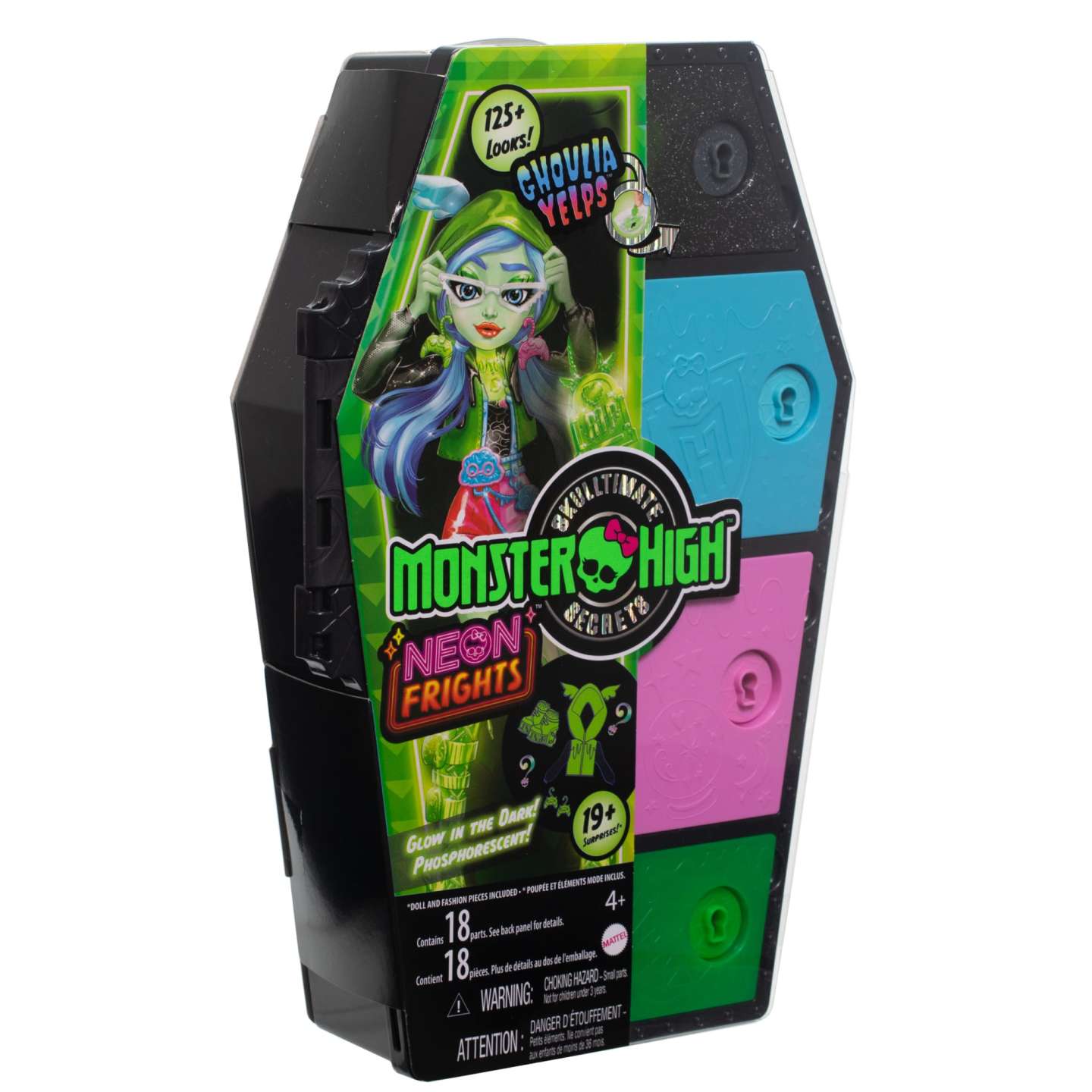 Mattel Monster High™ baba, Ghoulia Yelps™, Skulltimate Secrets™: Neon Frights™ baba koporsóval (HNF81)