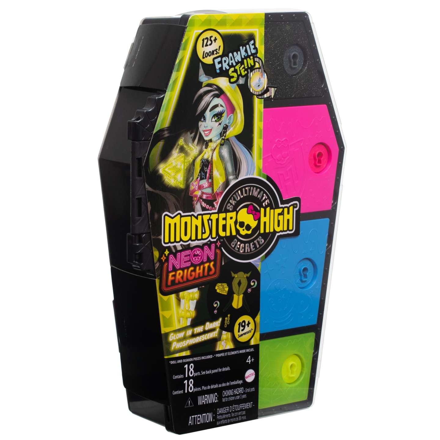 Mattel Monster High baba, Frankie Stein, Skulltimate Secrets: Neon Frights baba koporsóval (HNF79)