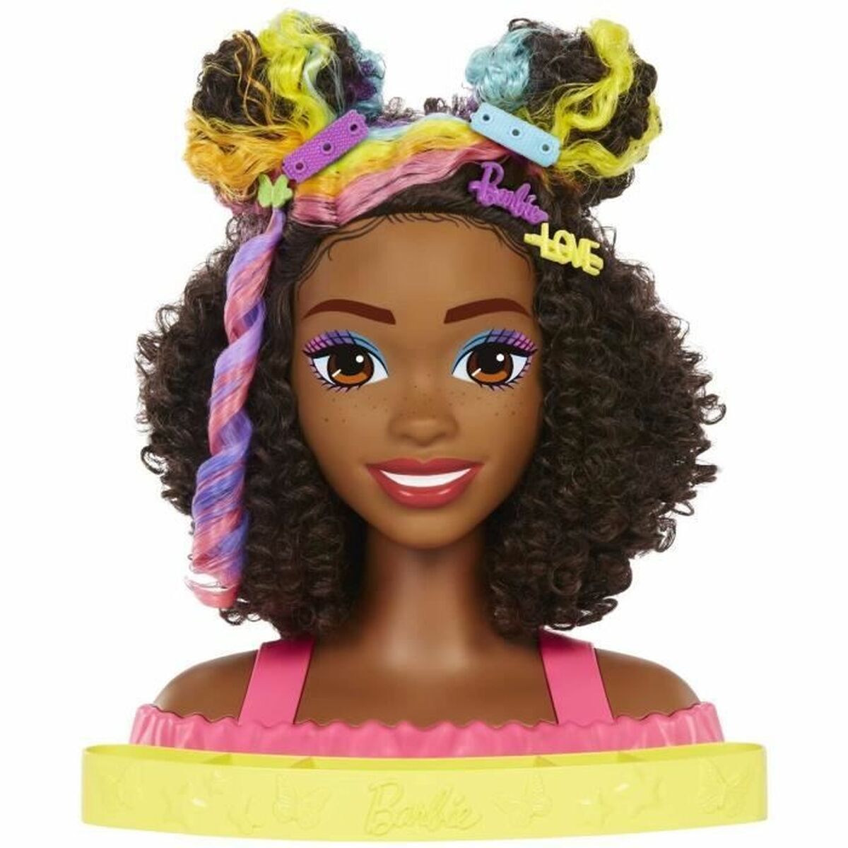 Mattel Barbie Deluxe Styling Head - Fésülhető babafej Neon Rainbow tincsekkel - Barna göndör hajú (HMD79)