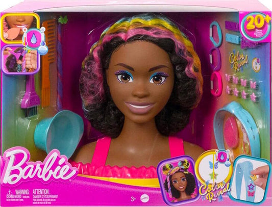 Mattel Barbie Deluxe Styling Head - Fésülhető babafej Neon Rainbow tincsekkel - Barna göndör hajú (HMD79)