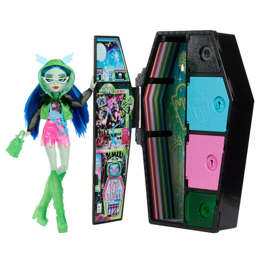 Mattel Monster High™ baba, Ghoulia Yelps™, Skulltimate Secrets™: Neon Frights™ baba koporsóval (HNF81)