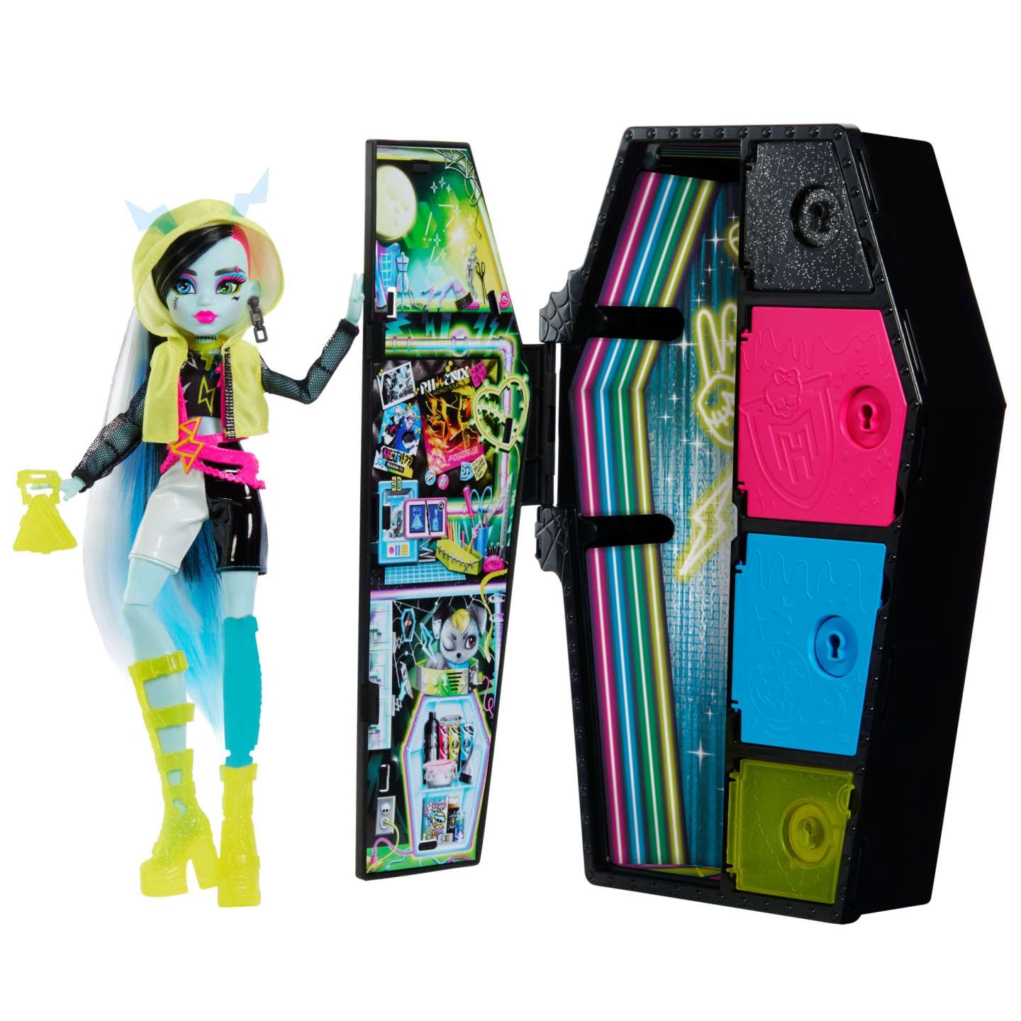 Mattel Monster High baba, Frankie Stein, Skulltimate Secrets: Neon Frights baba koporsóval (HNF79)