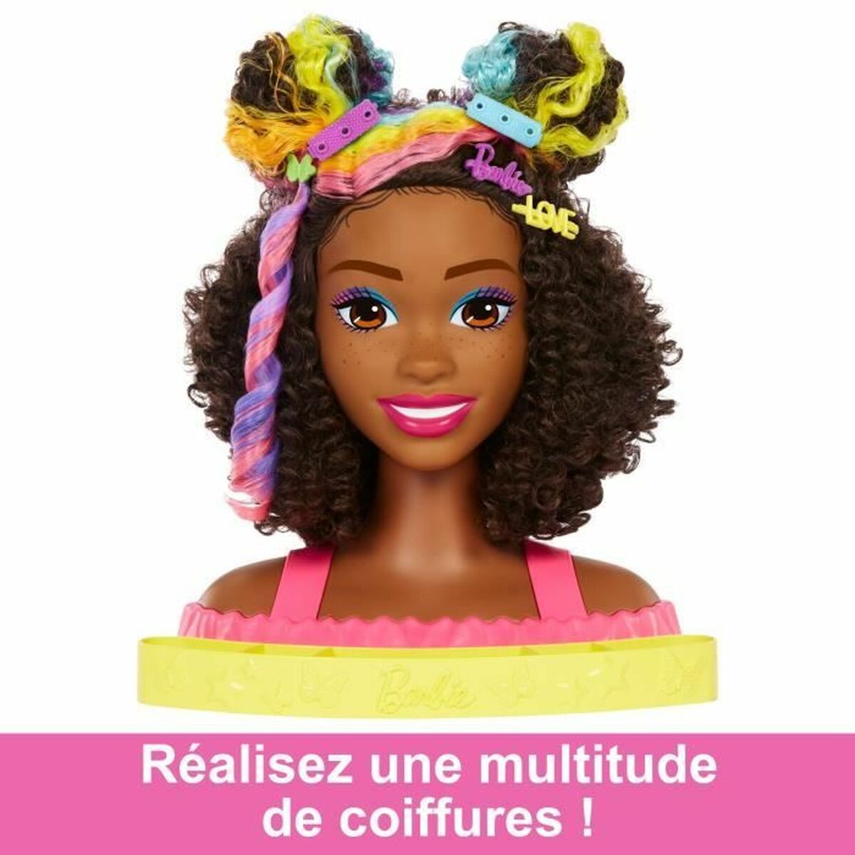 Mattel Barbie Deluxe Styling Head - Fésülhető babafej Neon Rainbow tincsekkel - Barna göndör hajú (HMD79)