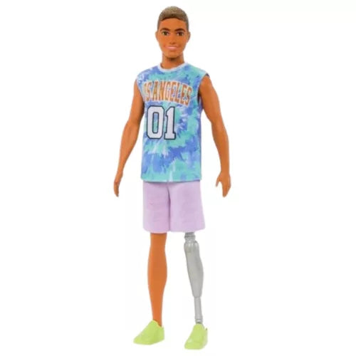 Mattel Barbie baba Ken Fashionistas nr212 lábprotézissel, Los Angeles mez és lila rövidnadrág tornacipővel, 30 cm (HJT11)