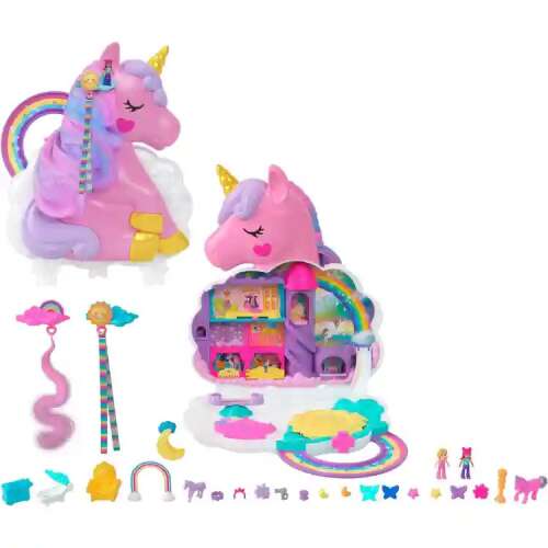 Mattel Polly Pocket Unicorn Beauty Salon unikornis játék készlet, Unicorn Surprise, 25 kiegészítővel (HKV51)